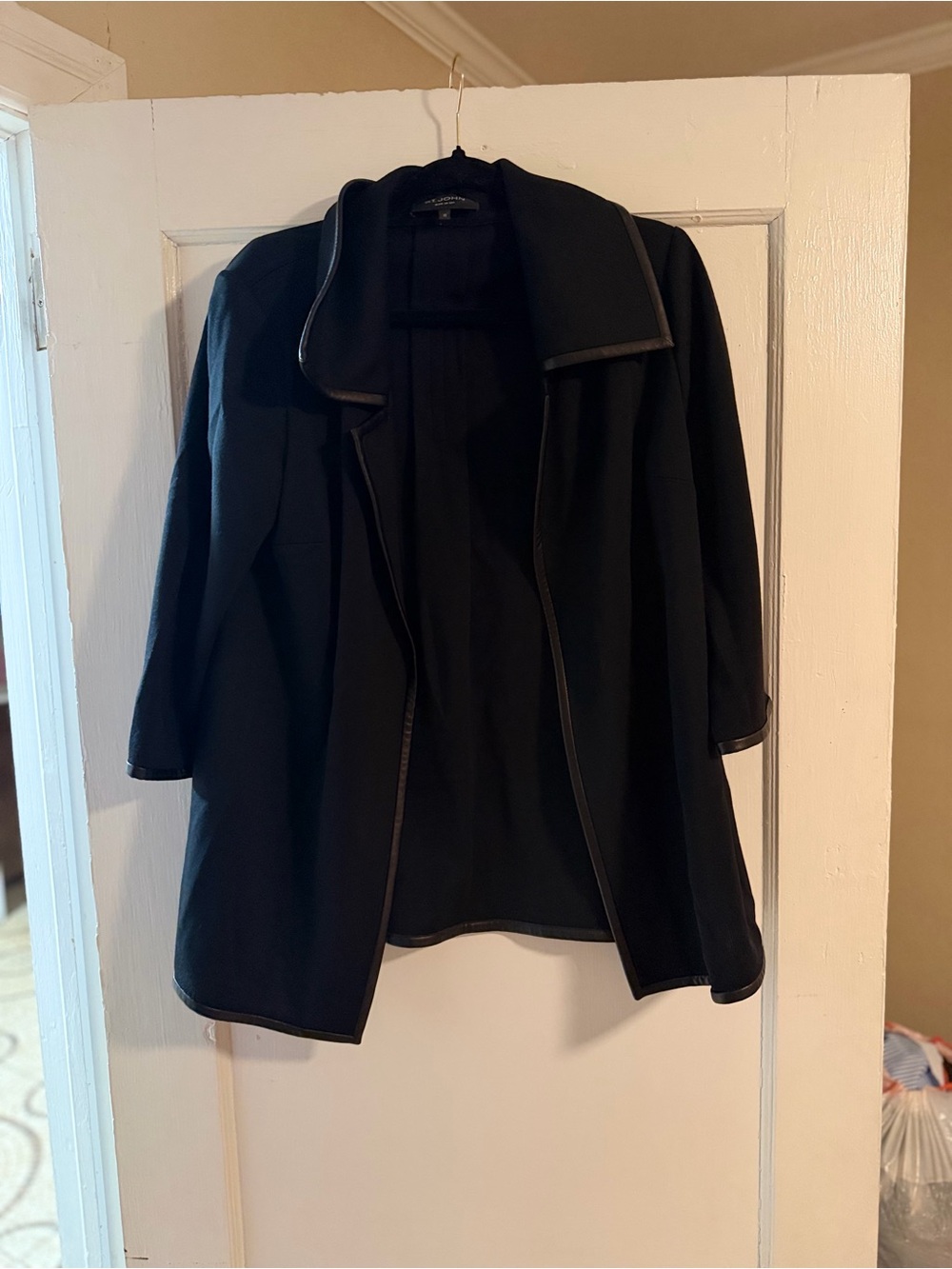 St. John Black Knit Open Front Jacket | Leather Trim | Size 10 | Made in USA